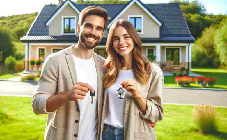 Happy couple standing in front of their new home