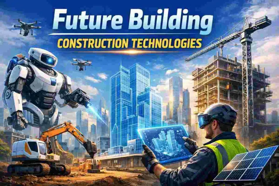 Futuristic construction site showing AI robots, drones, smart machinery, and an engineer using a digital BIM tablet to design next-generation buildings