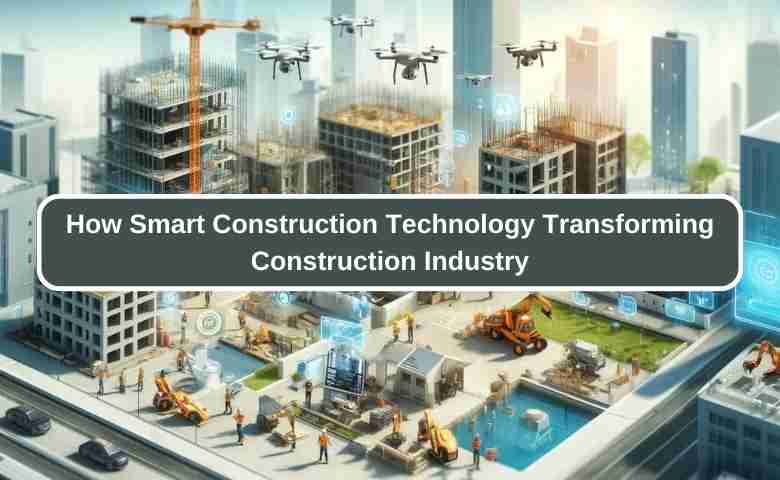 Construction site utilizing smart construction technology with drones, robotics, and IoT devices