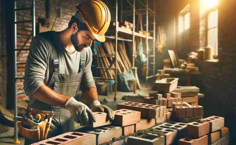 Bricklayer at work constructing a wall with precise brick placement