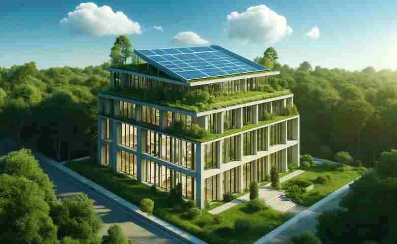 A modern LEED-certified green building with sustainable design features.