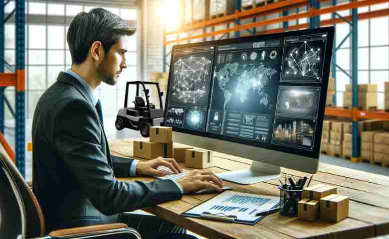 A logistics analyst at a desk with screens showing a warehouse layout, transportation map, and inventory data, focused on optimizing logistics operations.