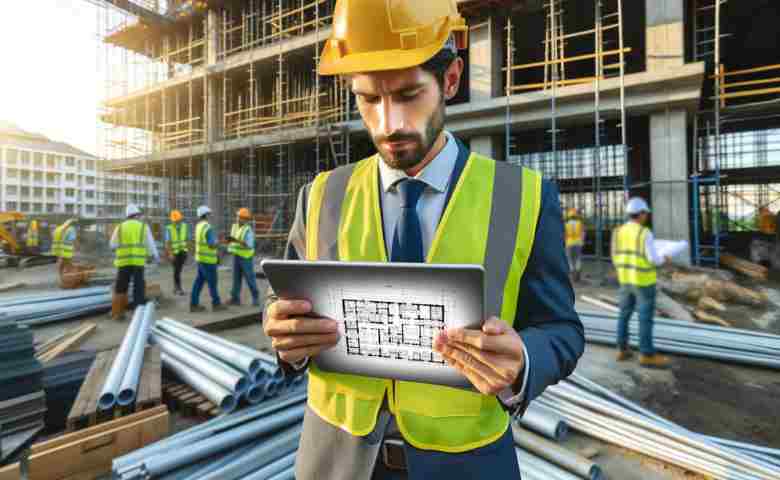 Building inspector reviewing construction site plans with a tablet.