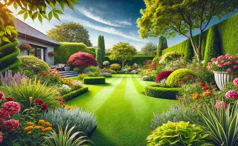 Beautifully maintained garden with lush green lawn, vibrant flowers, and neatly trimmed shrubs.