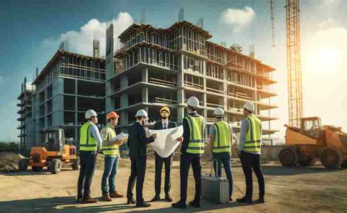 Engineers at a construction site reviewing blueprints and project plans