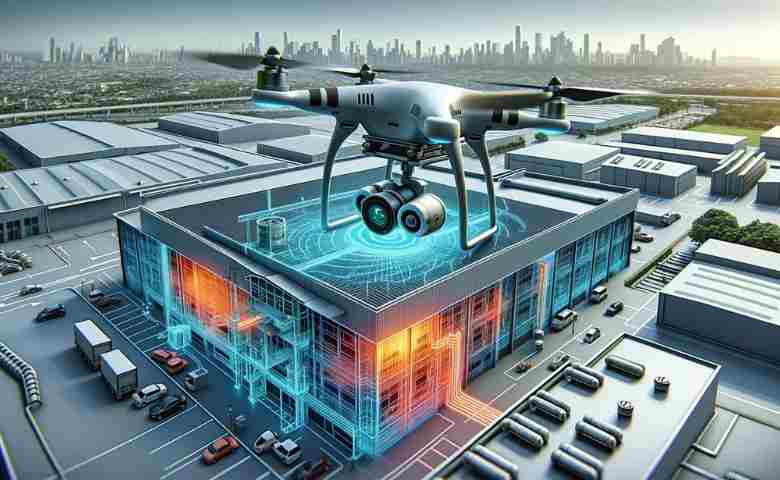 A drone performing a roof inspection on a commercial building with high-resolution cameras and thermal imaging.