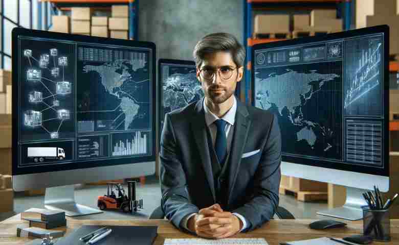 A professional logistics analyst working on multiple screens displaying supply chain data, in a high-tech logistics environment with boxes and shelves in the background.