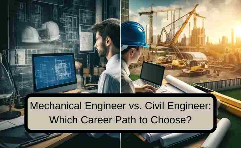 Mechanical engineer working on CAD software and civil engineer reviewing construction plans.