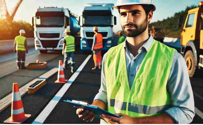 Pavement engineer assessing road construction site