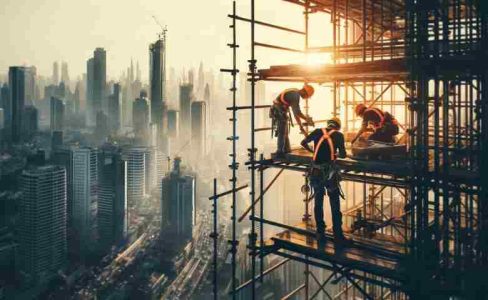 Scaffolders working on a high-rise building with safety gear