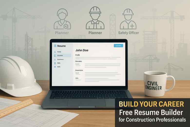 Modern construction-themed workspace showcasing a resume builder tool on a laptop, surrounded by engineering tools and site job icons.