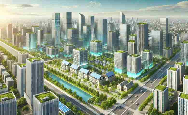 A futuristic urban skyline showcasing smart buildings and green spaces.