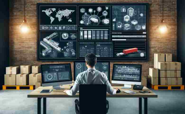 A logistics analyst working at a modern office desk with multiple computer screens displaying supply chain management data, charts, and graphs.