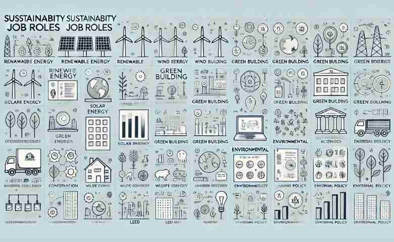 An illustration of various sustainability job roles across different sectors.
