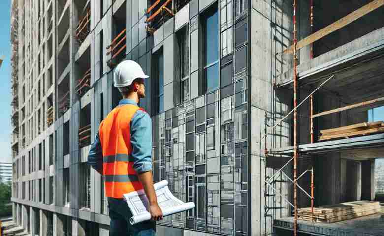 Facade engineer inspecting building facade installation