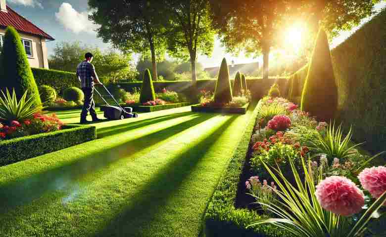 A well-maintained, lush green lawn with a neatly trimmed border and vibrant flowerbeds, showcasing effective lawn care practices.