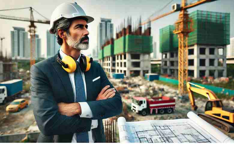 Mid-age construction professional contemplating his future career.