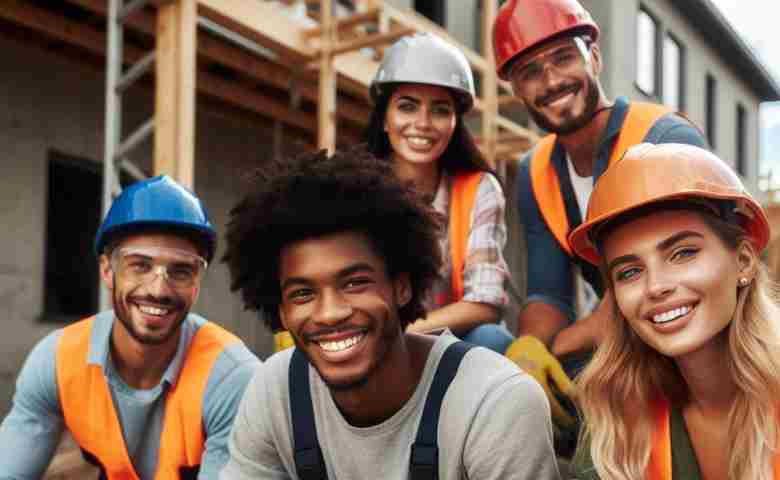 A joyful construction crew gathered on-site