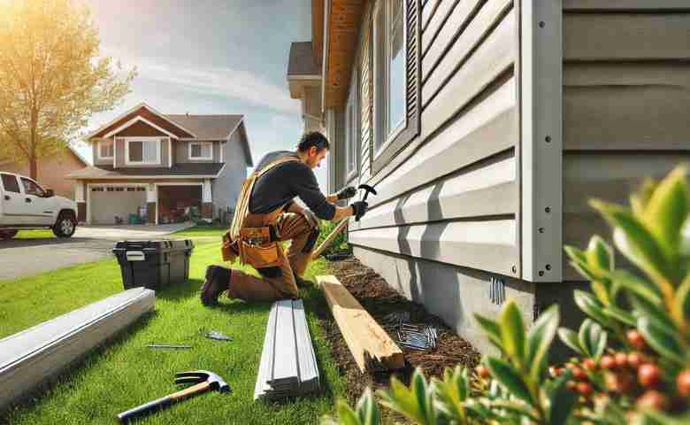 Close-up of a homeowner repairing house siding with a hammer and nails.