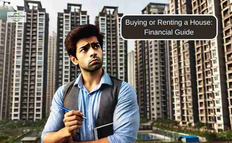 The young man appears more confused, with multiple apartment buildings in the background, reflecting the complexity of the decision between buying or renting a house.