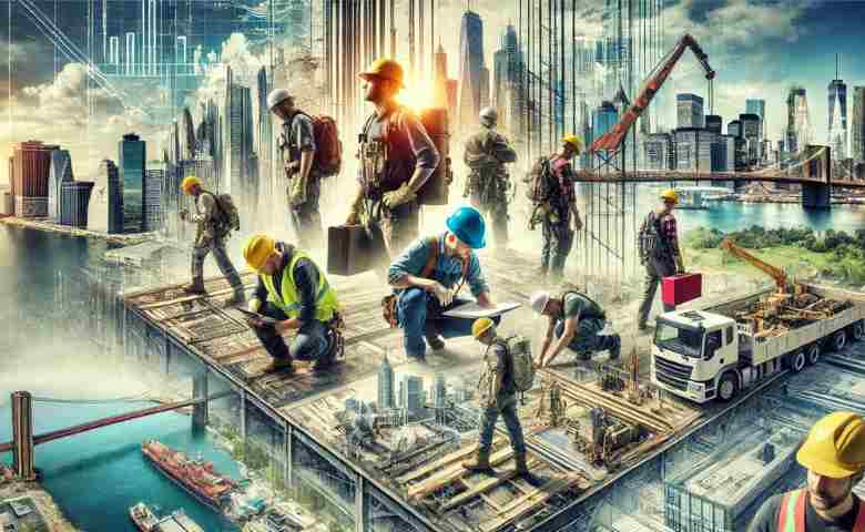 Construction workers on-site at a large construction project in the U.S.
