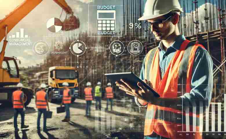Construction leader analyzing budget reports and cost forecasts on a construction site.