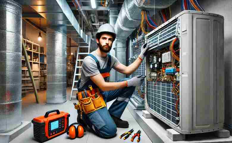 HVAC technician working on air conditioning unit installation and maintenance