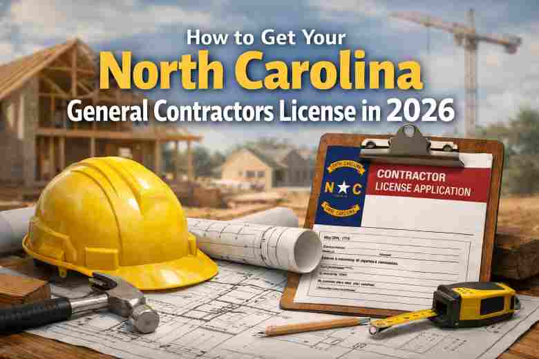 North Carolina general contractor license 2026 guide showing hard hat, blueprints, and contractor license application at a construction site