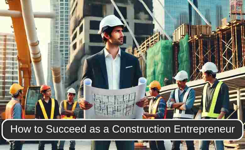 A construction entrepreneur reviewing building plans on-site with a team, symbolizing strategic planning and management in construction business.