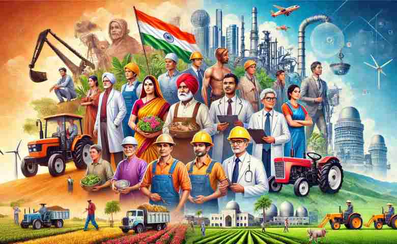 A vibrant and diverse group of Indian workers representing different sectors, including agriculture, technology, and manufacturing.