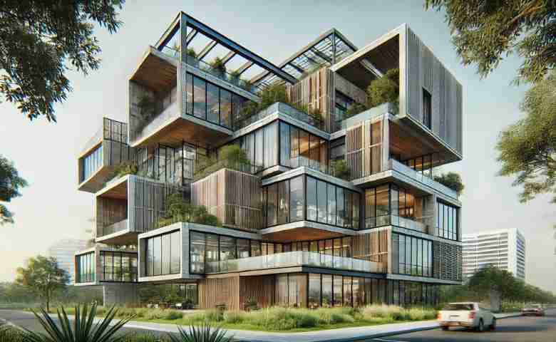 Modern building constructed using recycled materials with a focus on sustainability.