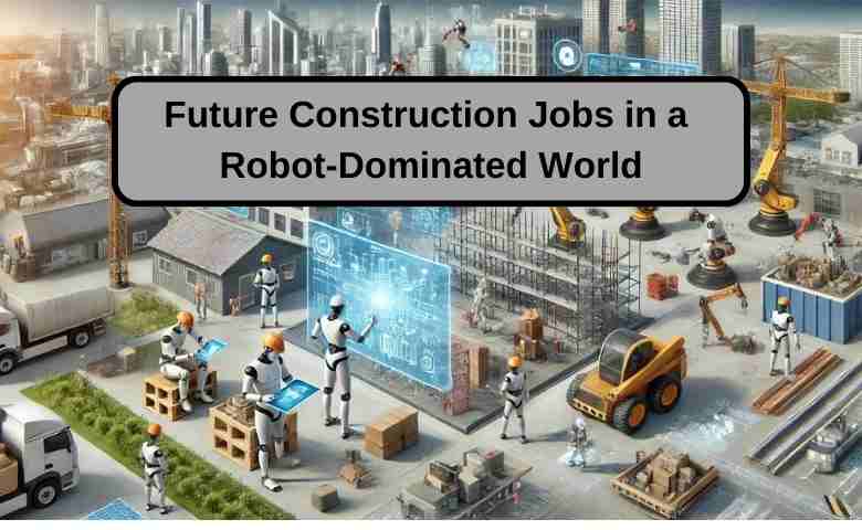 A futuristic construction site where advanced robots perform various construction tasks, such as bricklaying and welding, while human workers oversee operations and work on holographic blueprints.