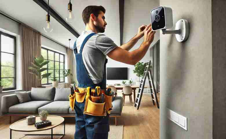 A professional handyman installing a smart home security system in a modern living room.