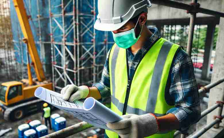 Construction worker in safety gear reviewing site plans