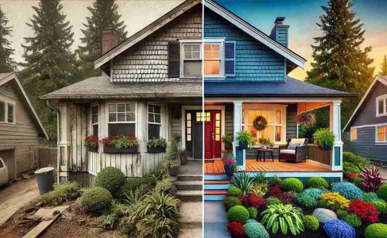 Modern home exterior with updated siding, bold front door, and well-manicured landscaping