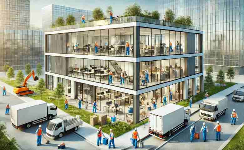 Workers performing post-construction services in a newly built office.