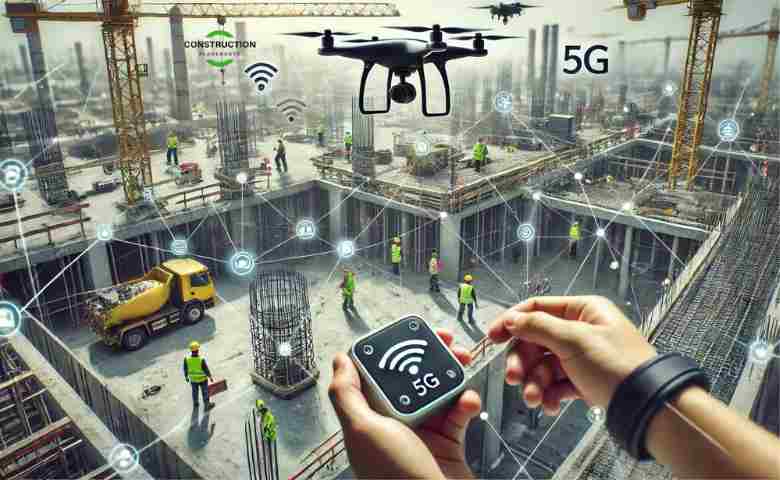 close-up view of a construction site with IoT devices in action