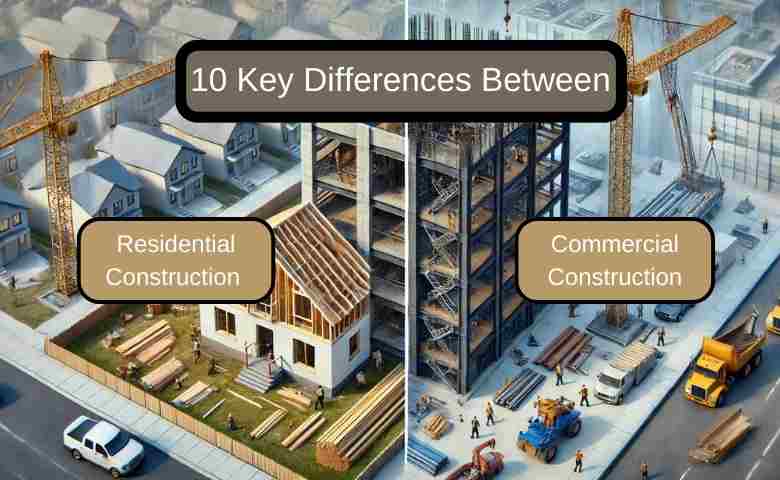 Comparison between residential and commercial construction projects highlighting key differences in materials, regulations, and scale.