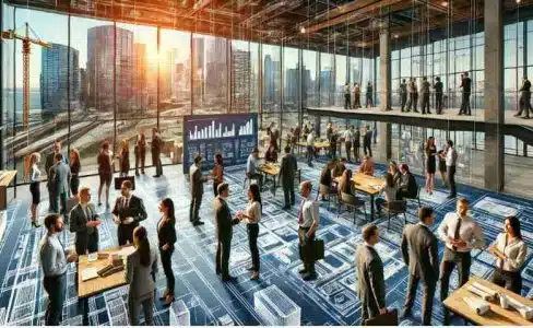 Networking professionals in a construction office with blueprints and architectural models.