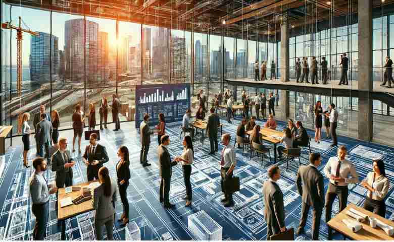 Networking professionals in a construction office with blueprints and architectural models.
