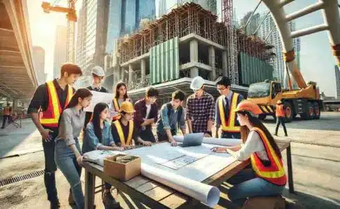 Engineering students collaborating on a construction project