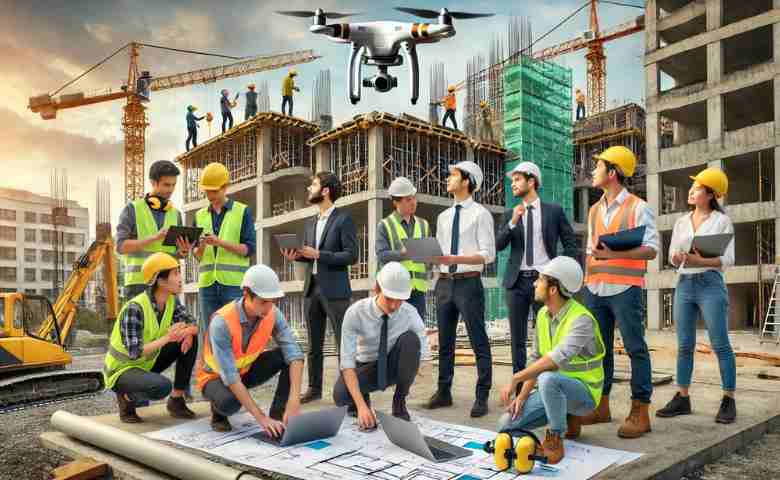 Diverse civil engineering graduates working on-site using technology and teamwork in construction tasks.