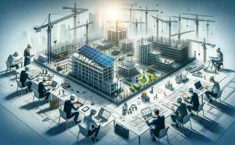 Modern construction site with engineers, scaffolding, and sustainable building practices.