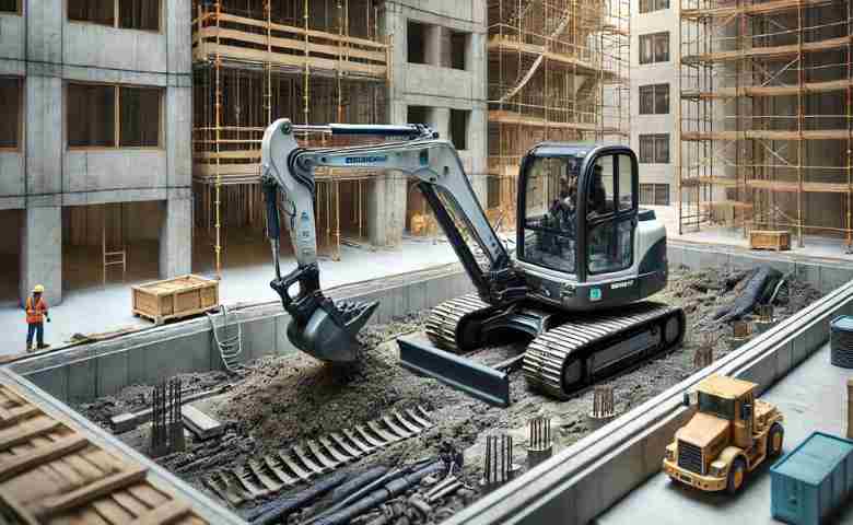 Compact excavator being used on a construction site for digging and grading.