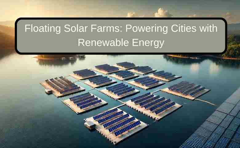 Floating solar farm on a lake with solar panels reflecting sunlight.
