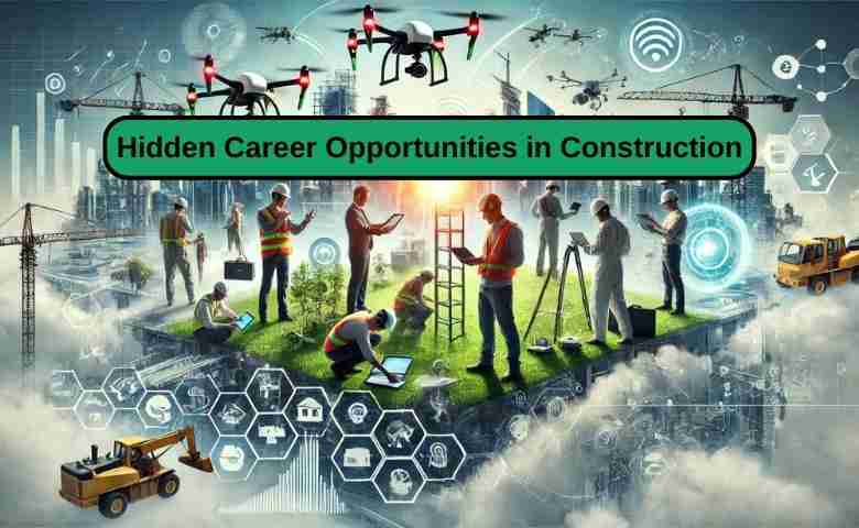 Construction professionals collaborating on digital project plans with advanced technology and smart infrastructure.