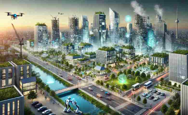 AI-generated futuristic buildings integrated with sustainable urban living solutions.