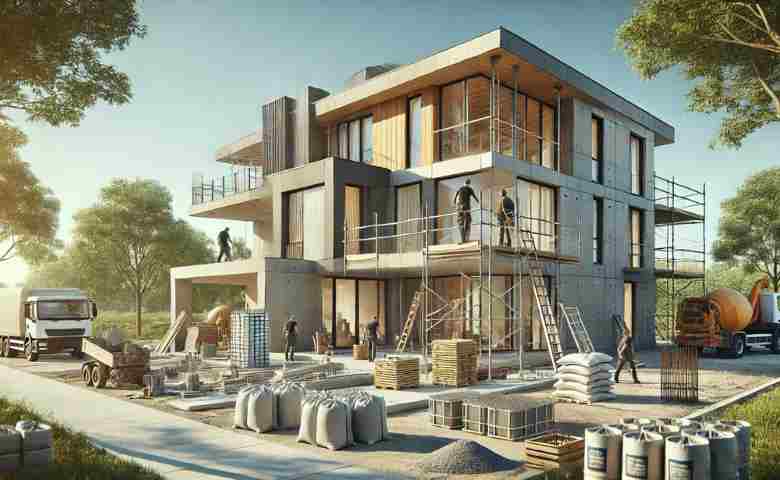 A modern house under construction with scaffolding, construction workers, and building materials like bricks and cement on a sunny day.