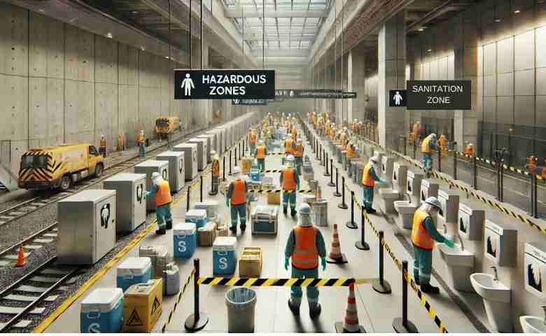 A construction site showing workers following safety and sanitation protocols, ensuring a clean and safe environment.