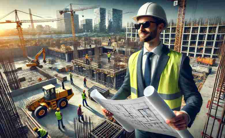 General contractor overseeing a construction site with blueprints.